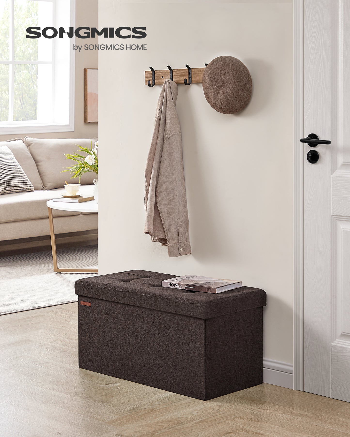 SONGMICS 30 Inches Folding Storage Ottoman Bench, Storage Chest, Foot Rest Stool Brown