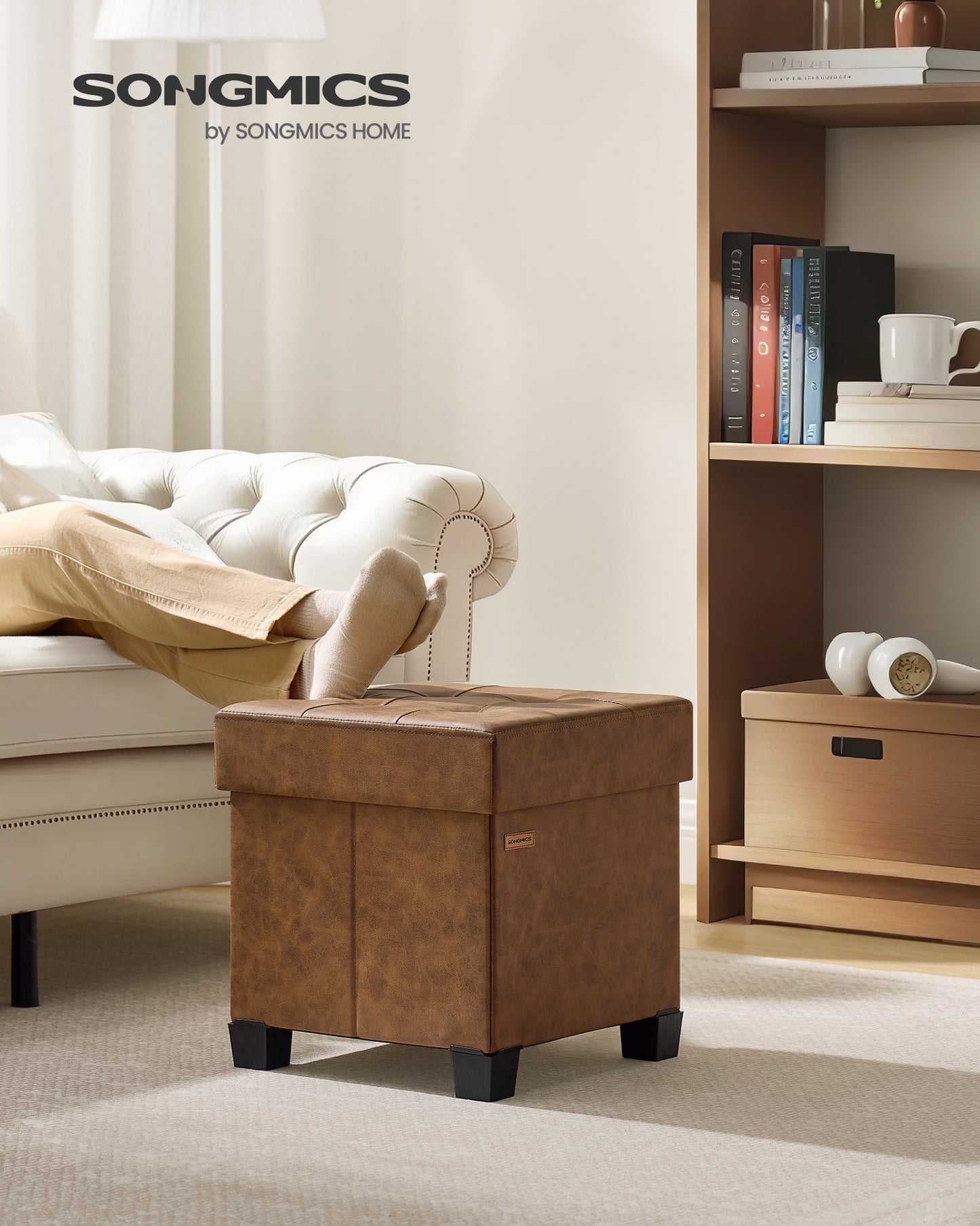 SONGMICS 15x15x15.7-Inch Cube Storage Ottoman with Legs. 10 Gal (37 L) Capacity. Synthetic Leather Footstool/Footrest.Coffee Brown
