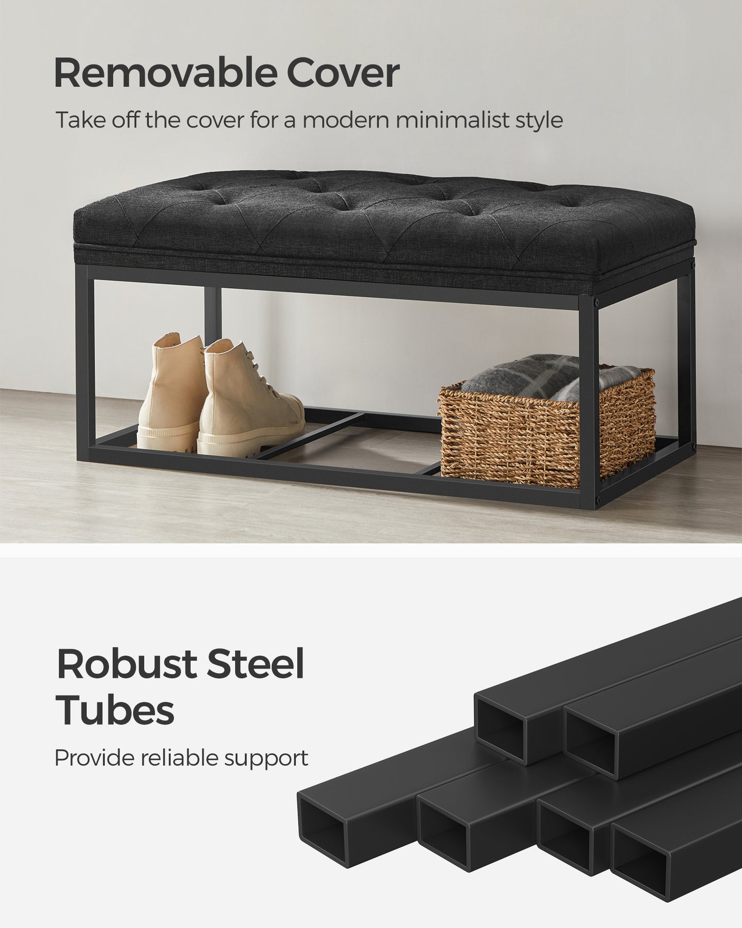 Storage Ottoman Bench, Foot Rest with Legs, 15.7 x 30 x 15.7 Inches, End of Bed Bench, Storage Chest, Load up to 660 lb, for Living Room, Bedroom, Entryway, Ink Black