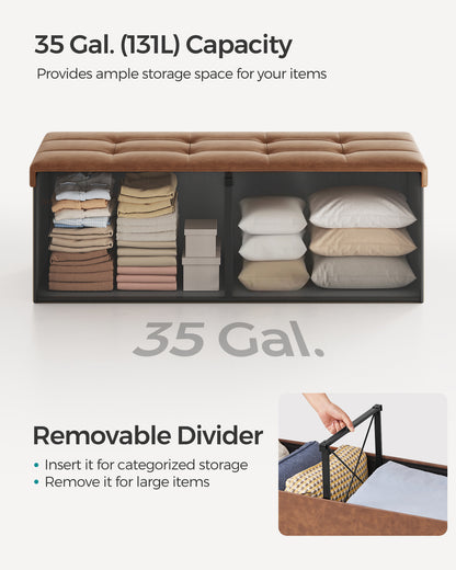 SONGMICS 43" Storage Ottoman Bench Folding Leather Ottoman Storage Footrest Hold up to 660lb Coffee Brown