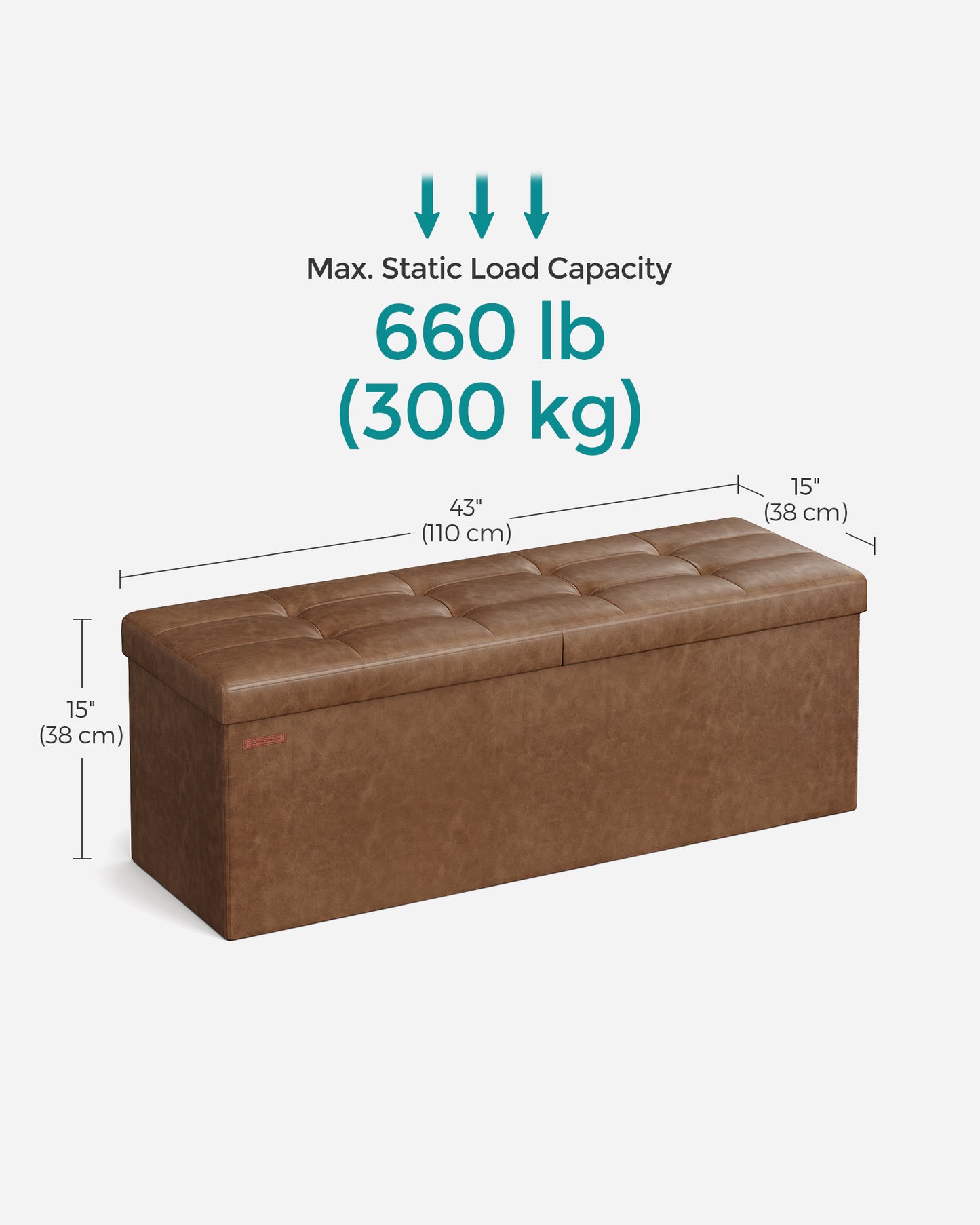 SONGMICS 43" Storage Ottoman Bench Folding Leather Ottoman Storage Footrest Hold up to 660lb Coffee Brown