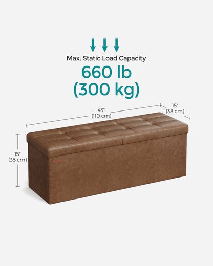 SONGMICS 43" Storage Ottoman Bench Folding Leather Ottoman Storage Footrest Hold up to 660lb Coffee Brown