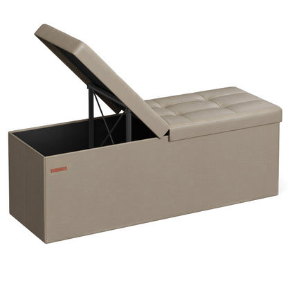 43 Inches Storage Ottoman Bench with Flipping Lid, Storage Chest with Iron Frame Support, Load 660 lb, for Living Room, Bedroom, Synthetic Leather, Camel Brown