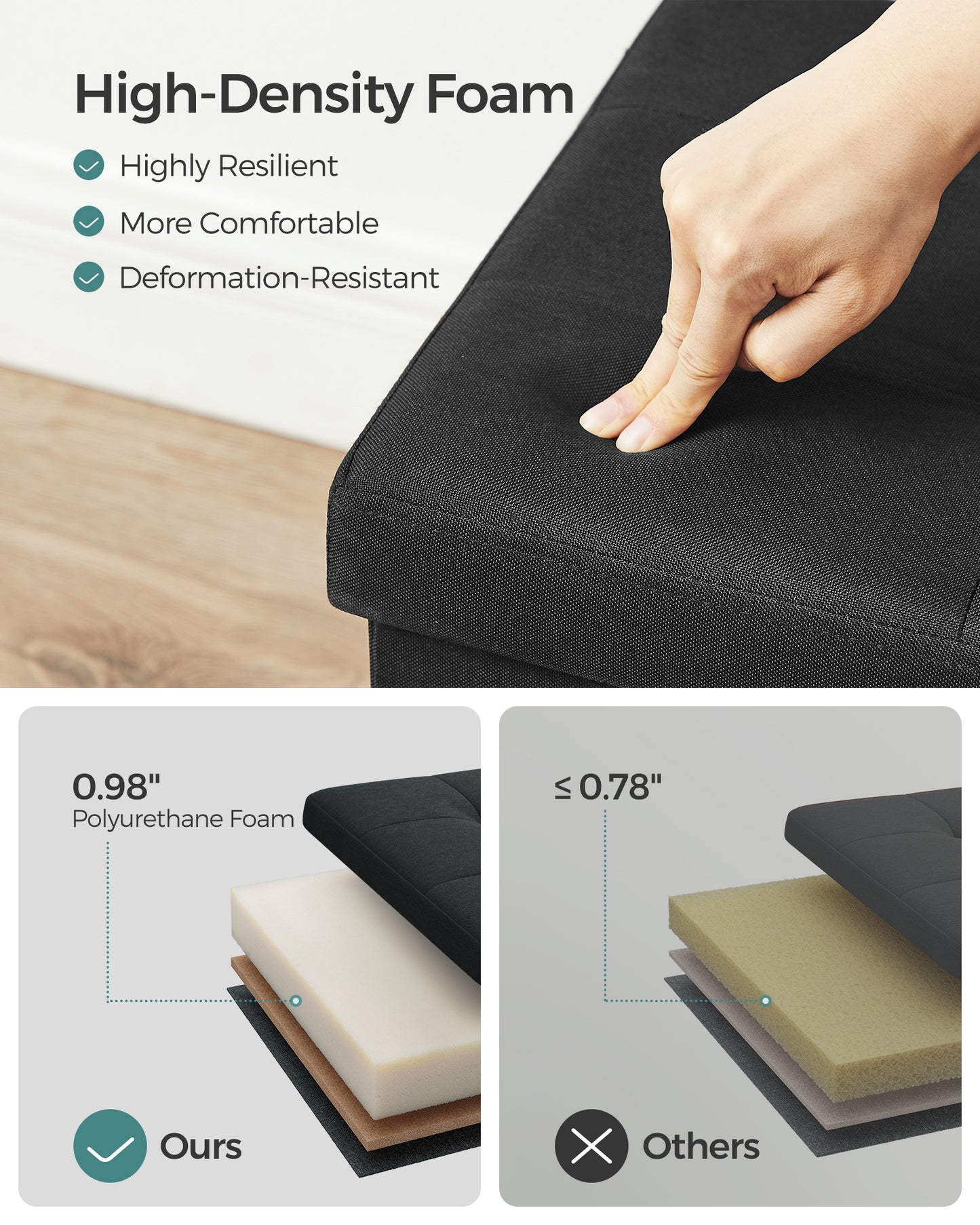SONGMICS 43" Storage Ottoman Bench Hold up to 660lb Ottoman with Storage Footstool Bedroom Bench with Storage Black