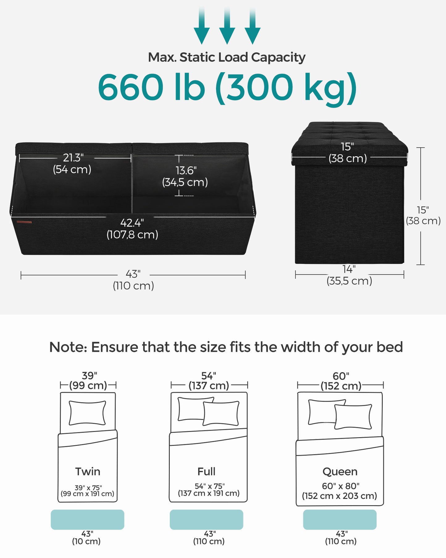 SONGMICS 43" Storage Ottoman Bench Hold up to 660lb Ottoman with Storage Footstool Bedroom Bench with Storage Black