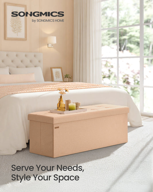 43" Foldable Storage Bench - Tufted Ottoman with 660lb Capacity, 35-Gallon Hidden Storage, Multi-Functional, Apricot Orange