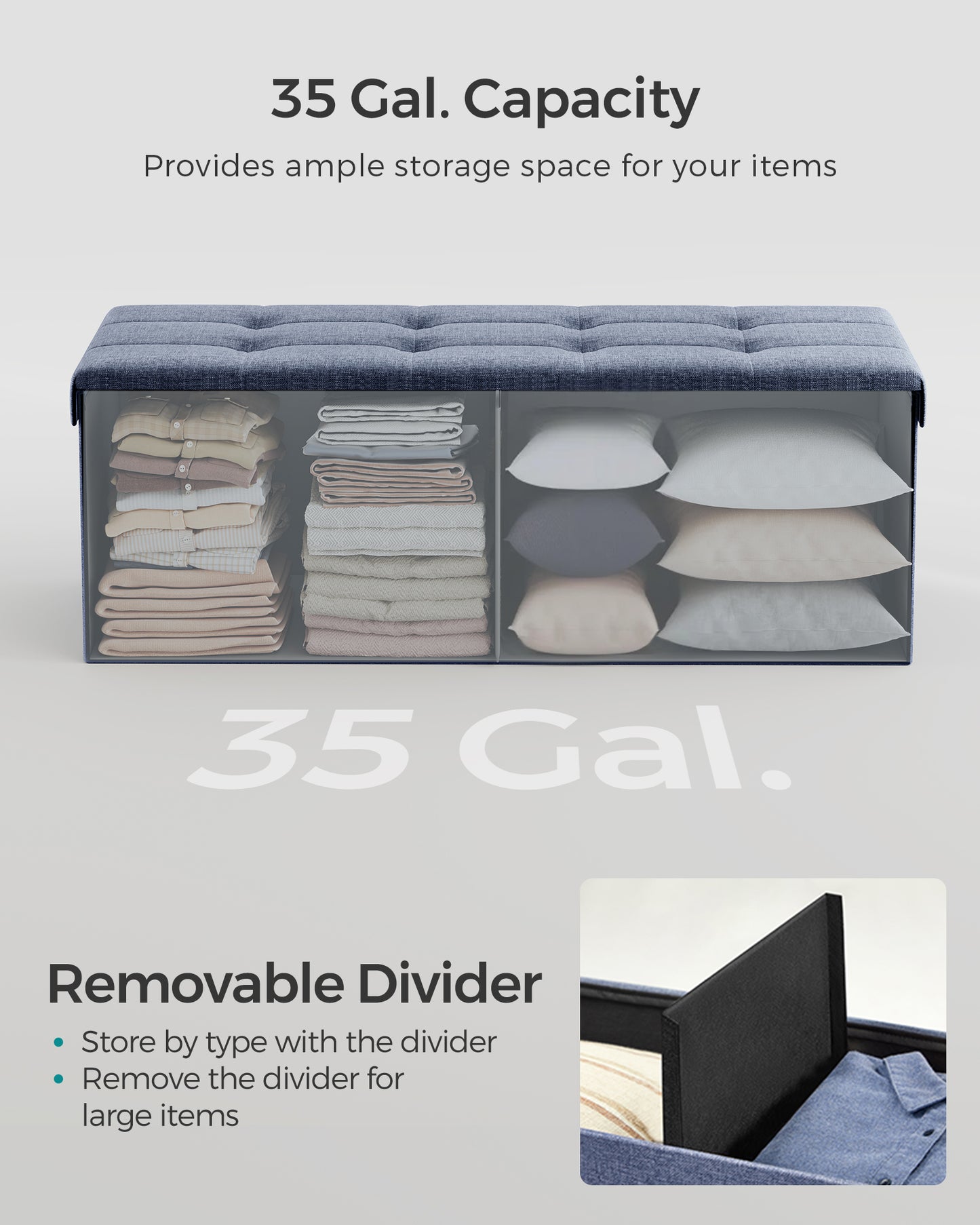SONGMICS Storage Ottoman Bench Ottoman with Storage Footstool Hold up to 660 lb for Bedroom Living Room 43" Light Denim Blue