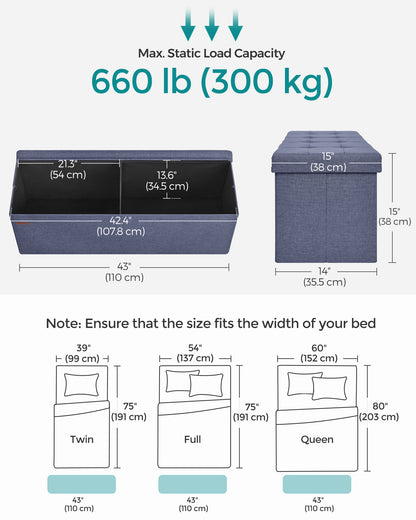 SONGMICS Storage Ottoman Bench Ottoman with Storage Footstool Hold up to 660 lb for Bedroom Living Room 43" Light Denim Blue