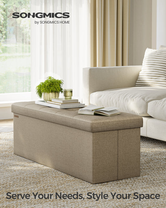 SONGMICS Storage Ottoman Bench, 15 x 43 x 15 Inches, Ottoman with Storage, End of Bed Bench, for Living Room, Bedroom, Camel Brown