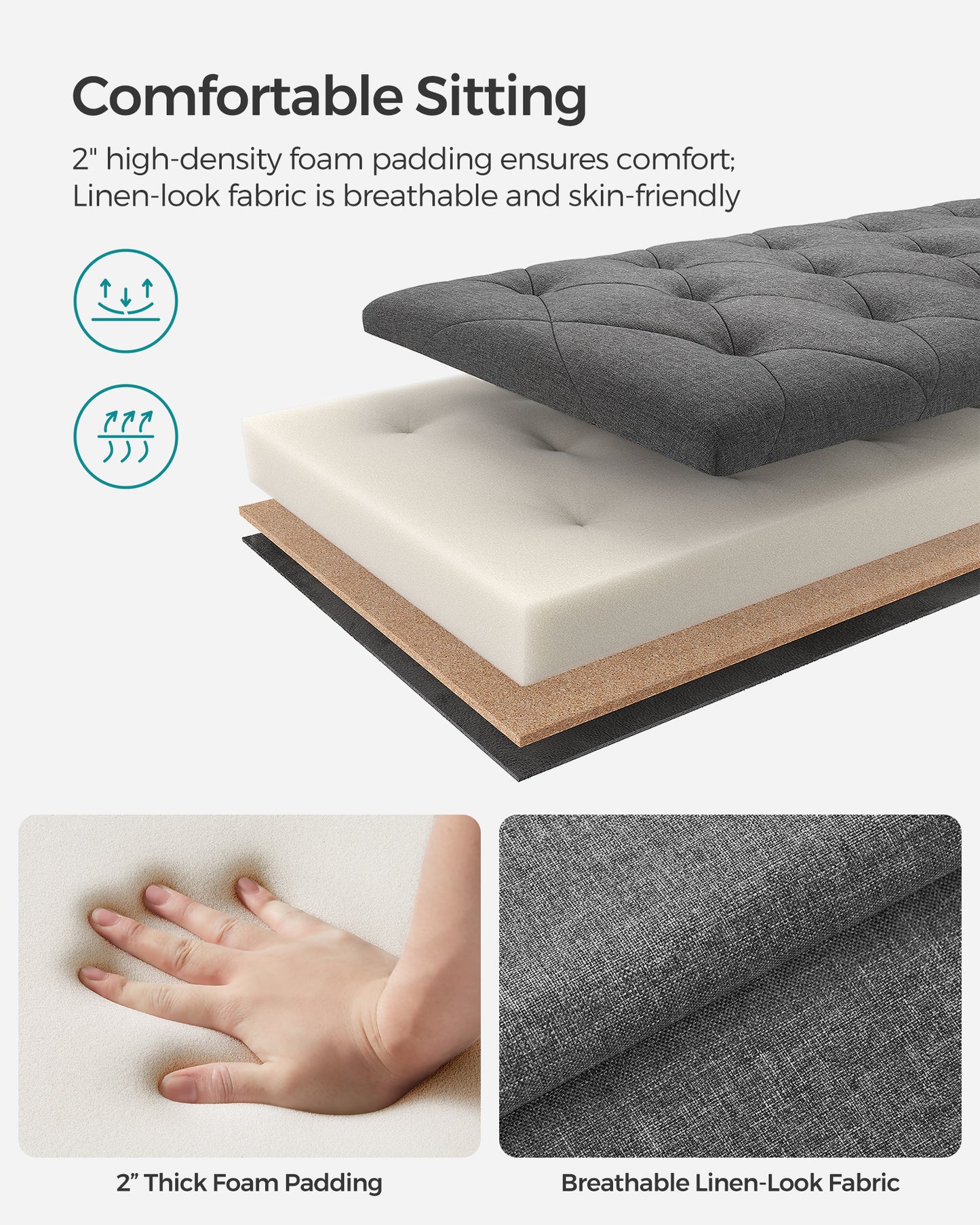 SONGMICS 15.7 x 43.3 x 15.7 Inches Storage Ottoman Bench Hold up to 660lbs Bedroom Ottoman Bench Dark Gray