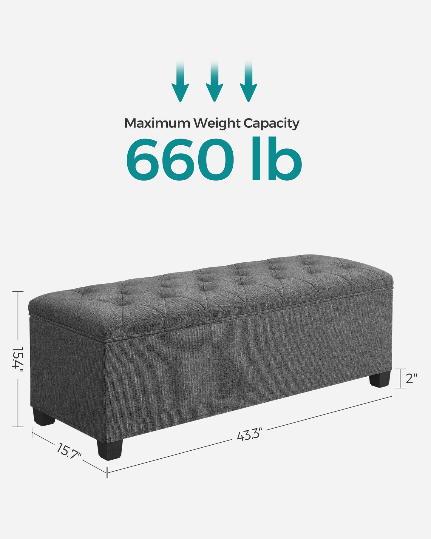 SONGMICS 15.7 x 43.3 x 15.7 Inches Storage Ottoman Bench Hold up to 660lbs Bedroom Ottoman Bench Dark Gray
