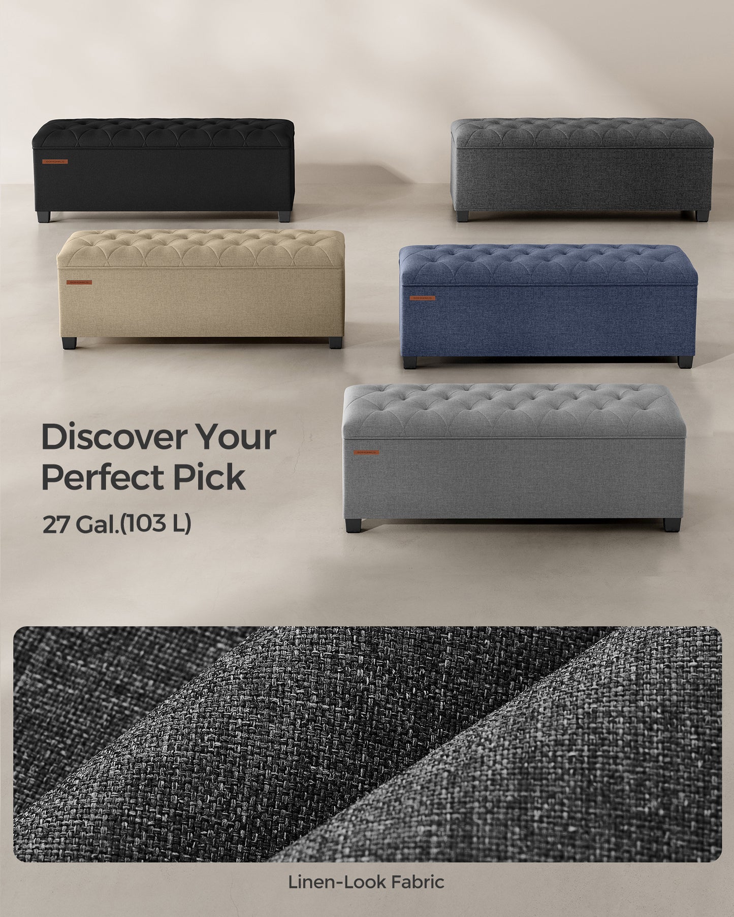 SONGMICS 15.7 x 43.3 x 15.7 Inches Storage Ottoman Bench Hold up to 660lbs Bedroom Ottoman Bench Dark Gray