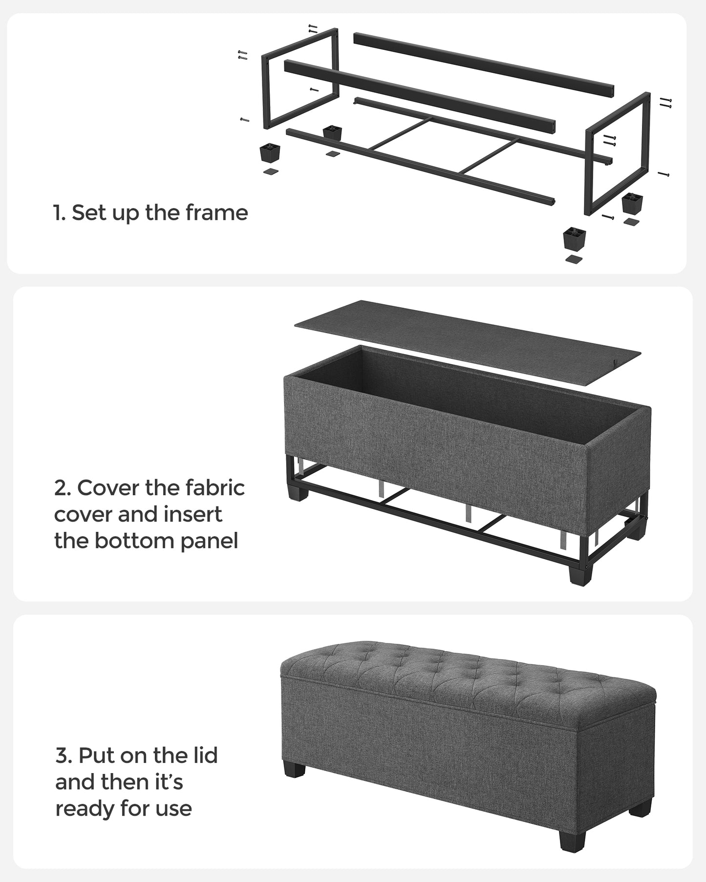 SONGMICS 15.7 x 43.3 x 15.7 Inches Storage Ottoman Bench Hold up to 660lbs Bedroom Ottoman Bench Dark Gray