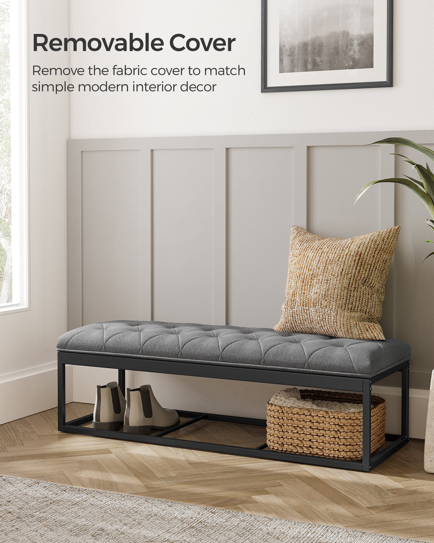 SONGMICS 15.7 x 43.3 x 15.7 Inches Storage Ottoman Bench Hold up to 660lbs Bedroom Ottoman Bench Dark Gray