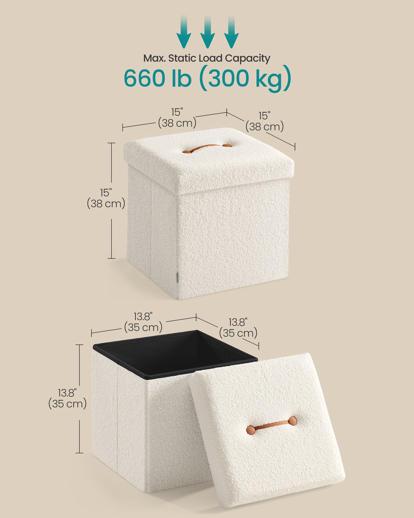 LEDREM Foldable Ottoman with Hidden Storage, 15-Inch Cube Footrest Stool, 660lb Weight Capacity, Cream White