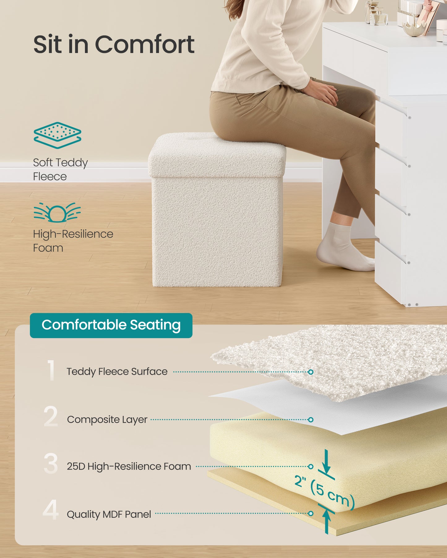 LEDREM Foldable Ottoman with Hidden Storage, 15-Inch Cube Footrest Stool, 660lb Weight Capacity, Cream White