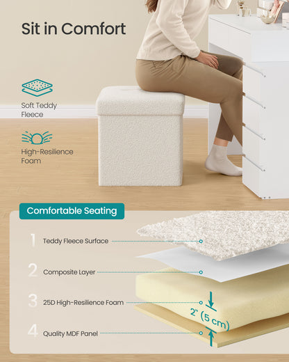 LEDREM Foldable Ottoman with Hidden Storage, 15-Inch Cube Footrest Stool, 660lb Weight Capacity, Cream White