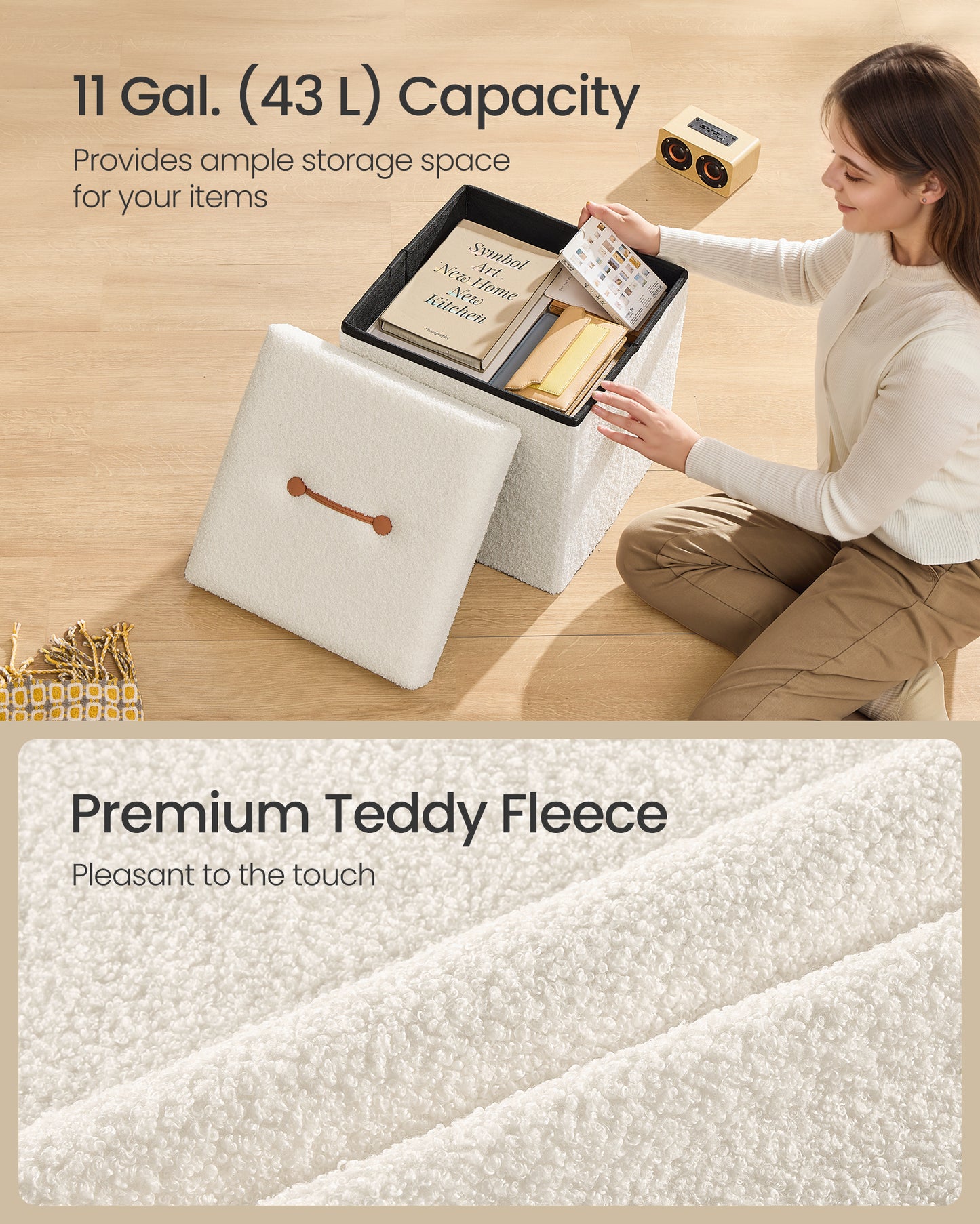 LEDREM Foldable Ottoman with Hidden Storage, 15-Inch Cube Footrest Stool, 660lb Weight Capacity, Cream White