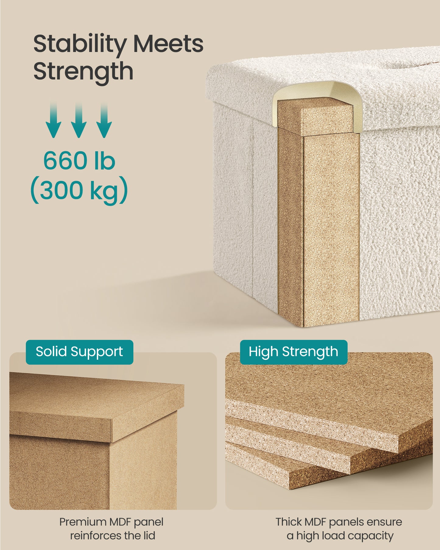 LEDREM Foldable Ottoman with Hidden Storage, 15-Inch Cube Footrest Stool, 660lb Weight Capacity, Cream White