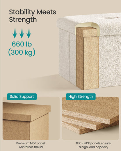 LEDREM Foldable Ottoman with Hidden Storage, 15-Inch Cube Footrest Stool, 660lb Weight Capacity, Cream White