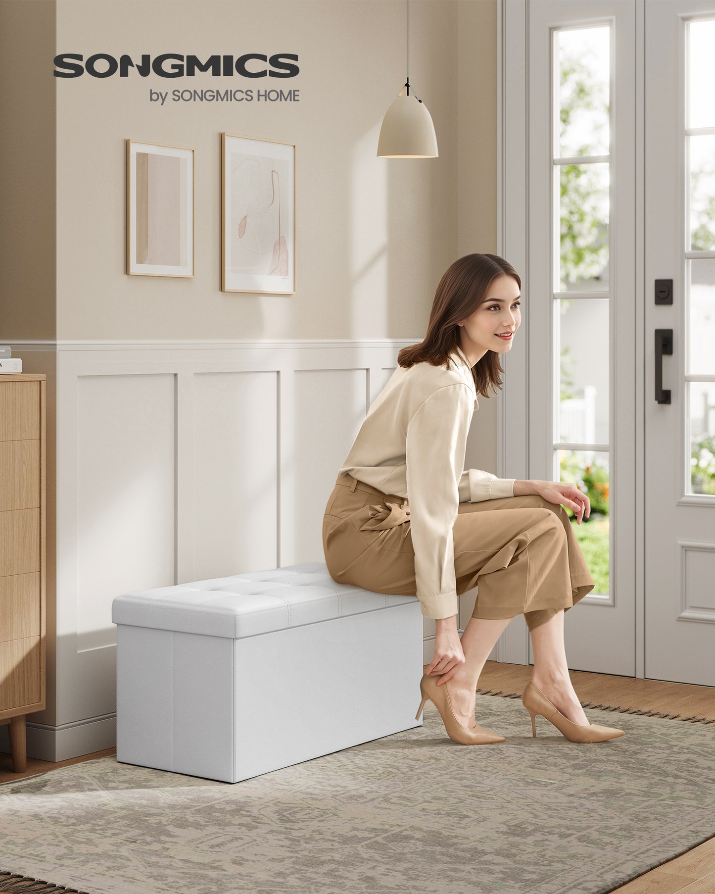 SONGMICS 30" Storage Ottoman Bench Folding Ottoman with Storage Hold up to 660lb for Living Room Bedroom White