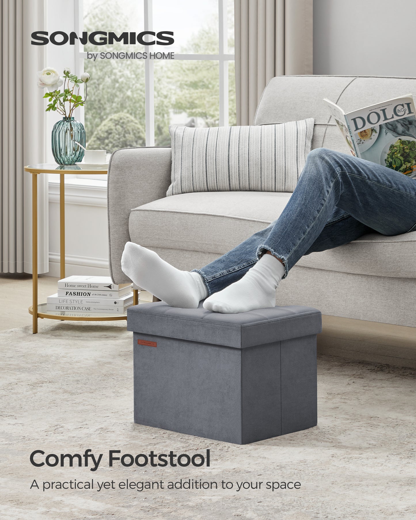 SONGMICS Storage Ottoman, Foldable Small Ottoman Foot Rest, 12.2 x 16.1 Inches Foot Stool, Ottoman with Storage, Load up to 286 lb, Slate Gray