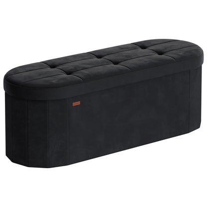SONGMICS MAZIE Collection - Folding Ottoman with Storage, Oval Storage Ottoman Bench, End of Bed Bench, Velvet Fabric, 15 x 43 x 15 Inches, Ink Black