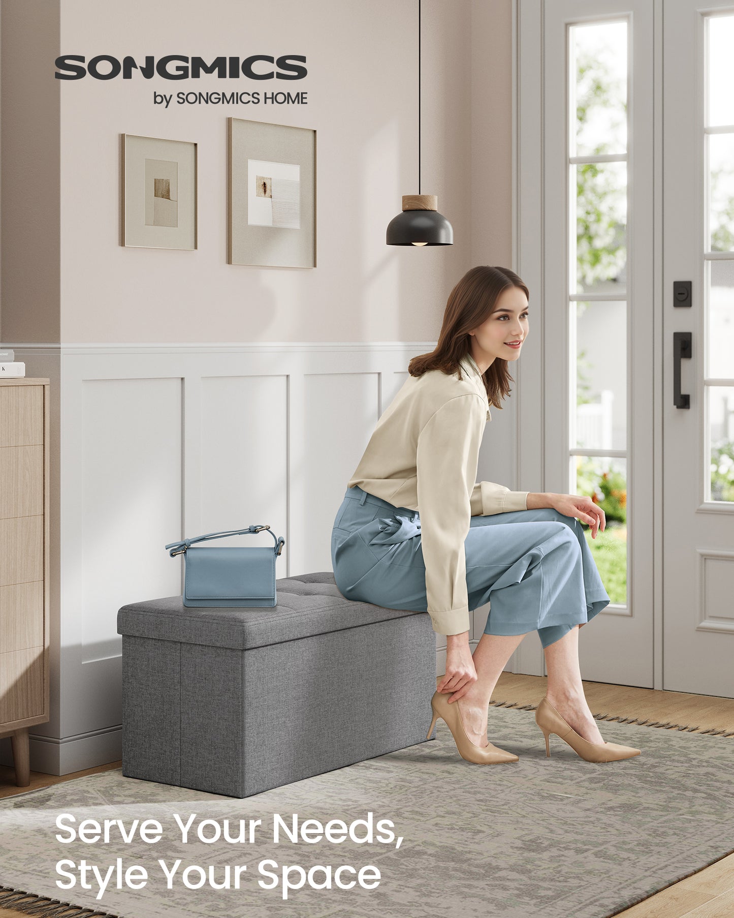 SONGMICS Storage Ottoman Bench, 15 x 30 x 15 Inches, Ottoman with Storage, End of Bed Bench, for Living Room, Bedroom, Ash Gray