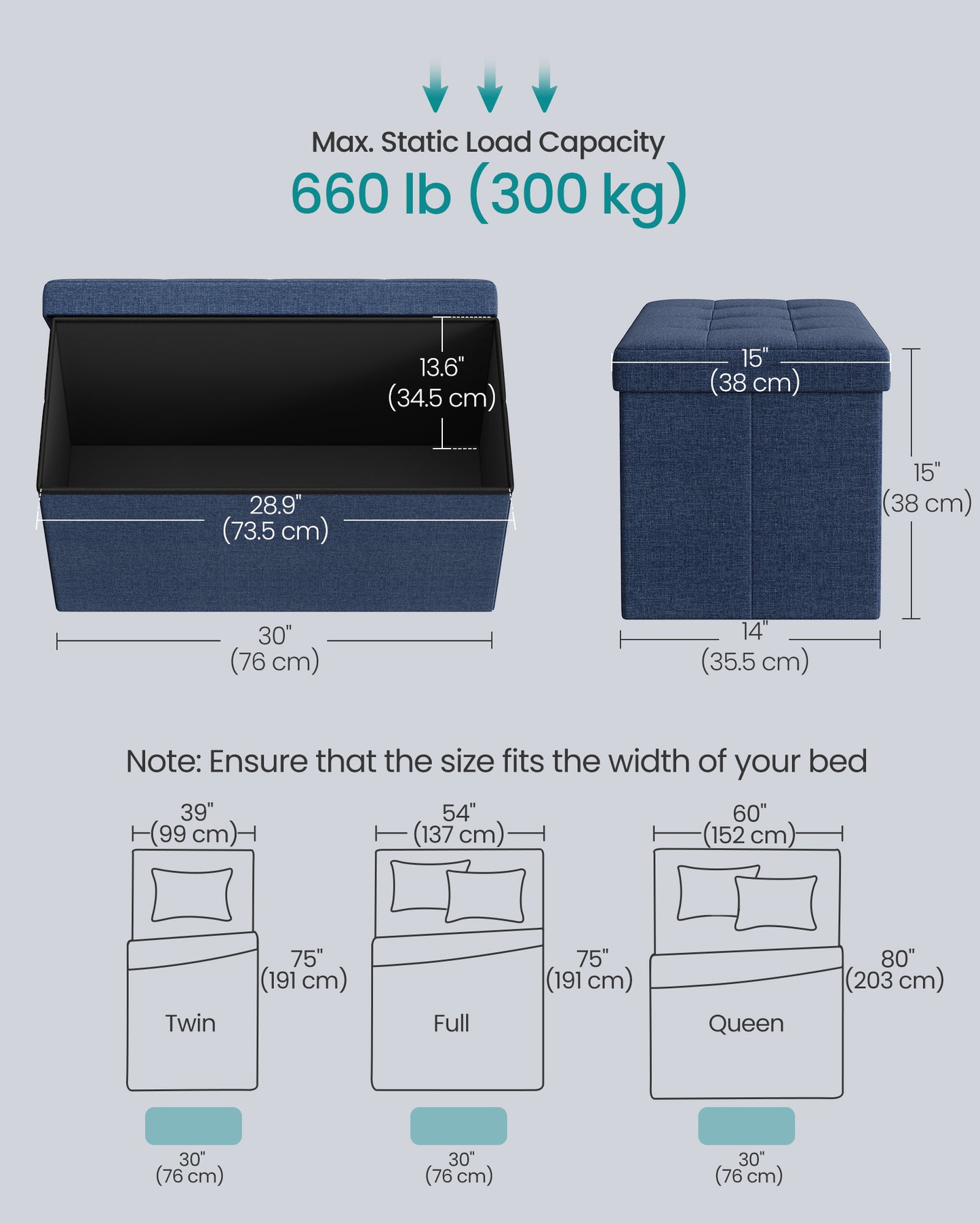 30 Inches Folding Storage Ottoman Bench, Ottoman Foot Rest, End of Bed Bench, Storage Chest, Load 660 lb, for Living Room, Bedroom, Entryway, Midnight Blue