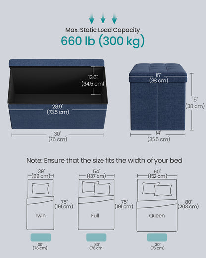 30 Inches Folding Storage Ottoman Bench, Ottoman Foot Rest, End of Bed Bench, Storage Chest, Load 660 lb, for Living Room, Bedroom, Entryway, Midnight Blue