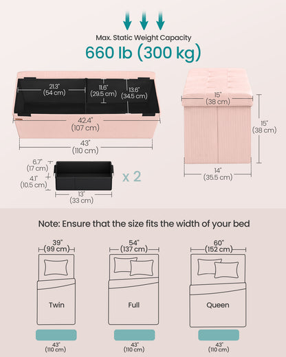 Storage Ottoman Bench, Foldable Foot Rest, 15 x 43 x 15 Inches, End of Bed Bench, Storage Chest, Load 660 lb, Living Room, Bedroom, Entryway, Jelly Pink