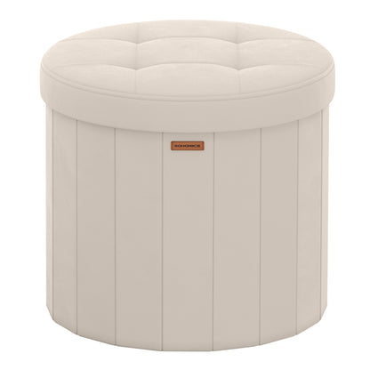 Round Storage Ottoman with Removable Lid, 18.1 Inch Folding Footrest Stool with Velvet Cover, Cappuccino Beige