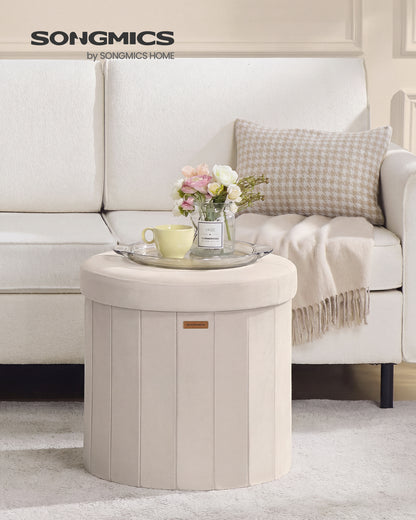 Round Storage Ottoman with Removable Lid, 18.1 Inch Folding Footrest Stool with Velvet Cover, Cappuccino Beige