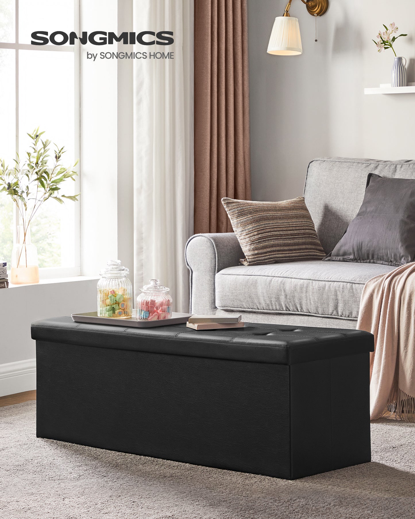 SONGMICS 43" Folding Storage Ottoman Bench, Faux Leather Footrest, Bedroom Bench, Holds up to 660 lb Black