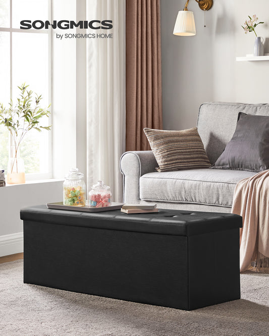 SONGMICS 43" Folding Storage Ottoman Bench, Faux Leather Footrest, Bedroom Bench, Holds up to 660 lb Black