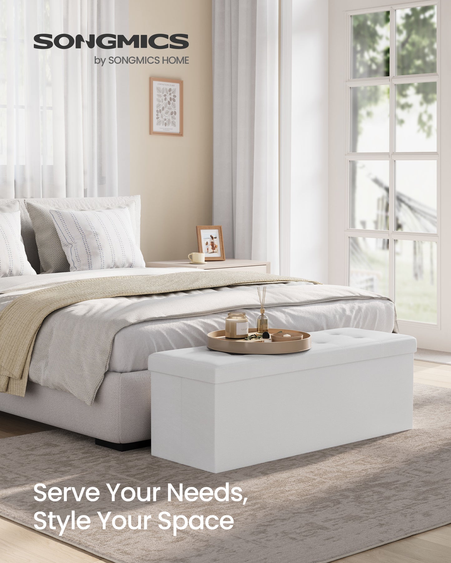 SONGMICS 43" Folding Storage Ottoman Bench, Faux Leather Footrest, Bedroom Bench, Holds up to 660 lb White