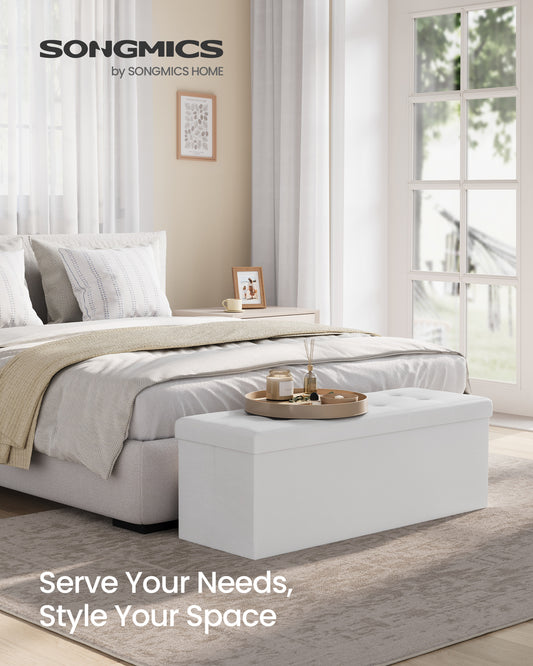 SONGMICS 43" Folding Storage Ottoman Bench, Faux Leather Footrest, Bedroom Bench, Holds up to 660 lb White