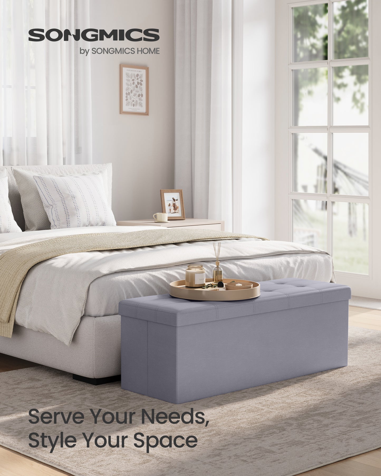 SONGMICS 43 Inches Folding Storage Ottoman Bench, Storage Chest, Footrest, Bedroom Bench, End of Bed Bench, Coffee Table, Faux Leather Padded Seat