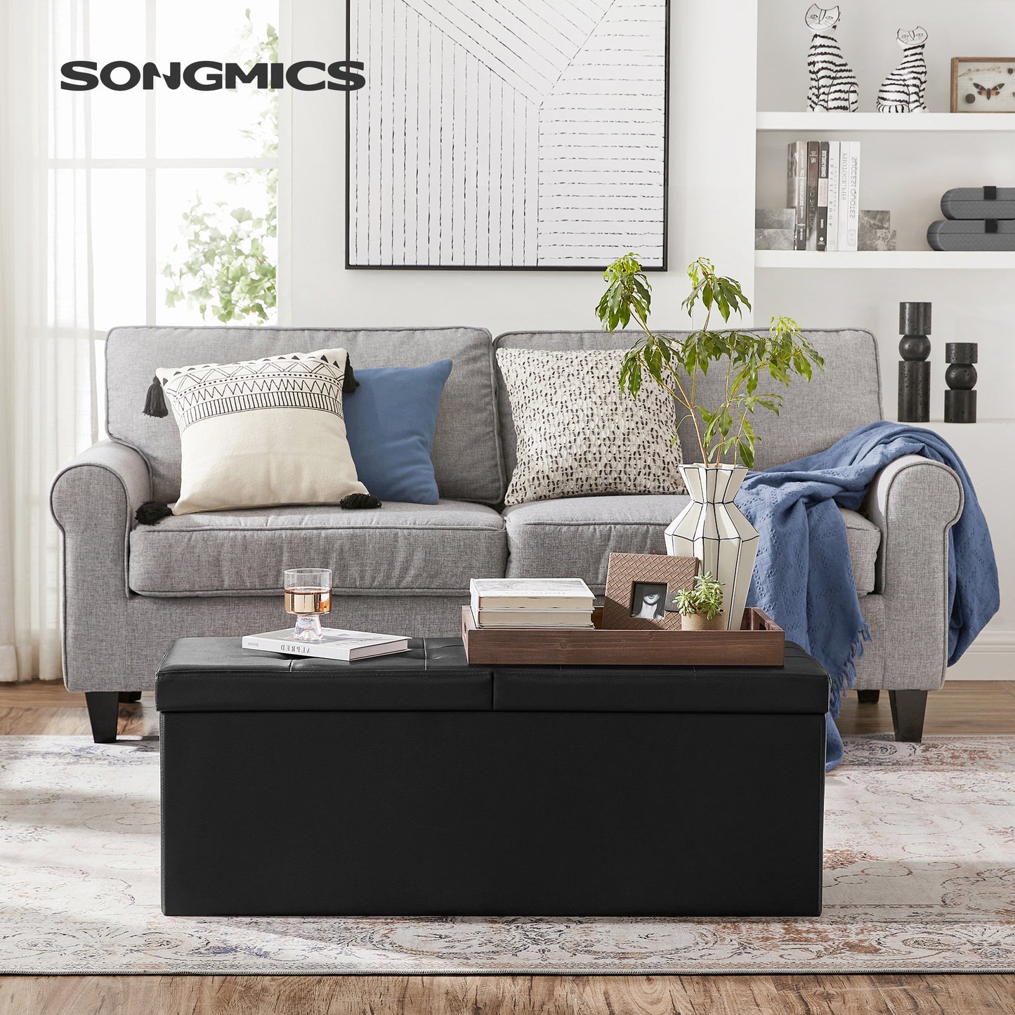 SONGMICS Folding Storage Ottoman, Storage Bench, Footrest Stool, 15 x 43 x 15 Inches, for Entryway, Living Room, Bedroom, Black