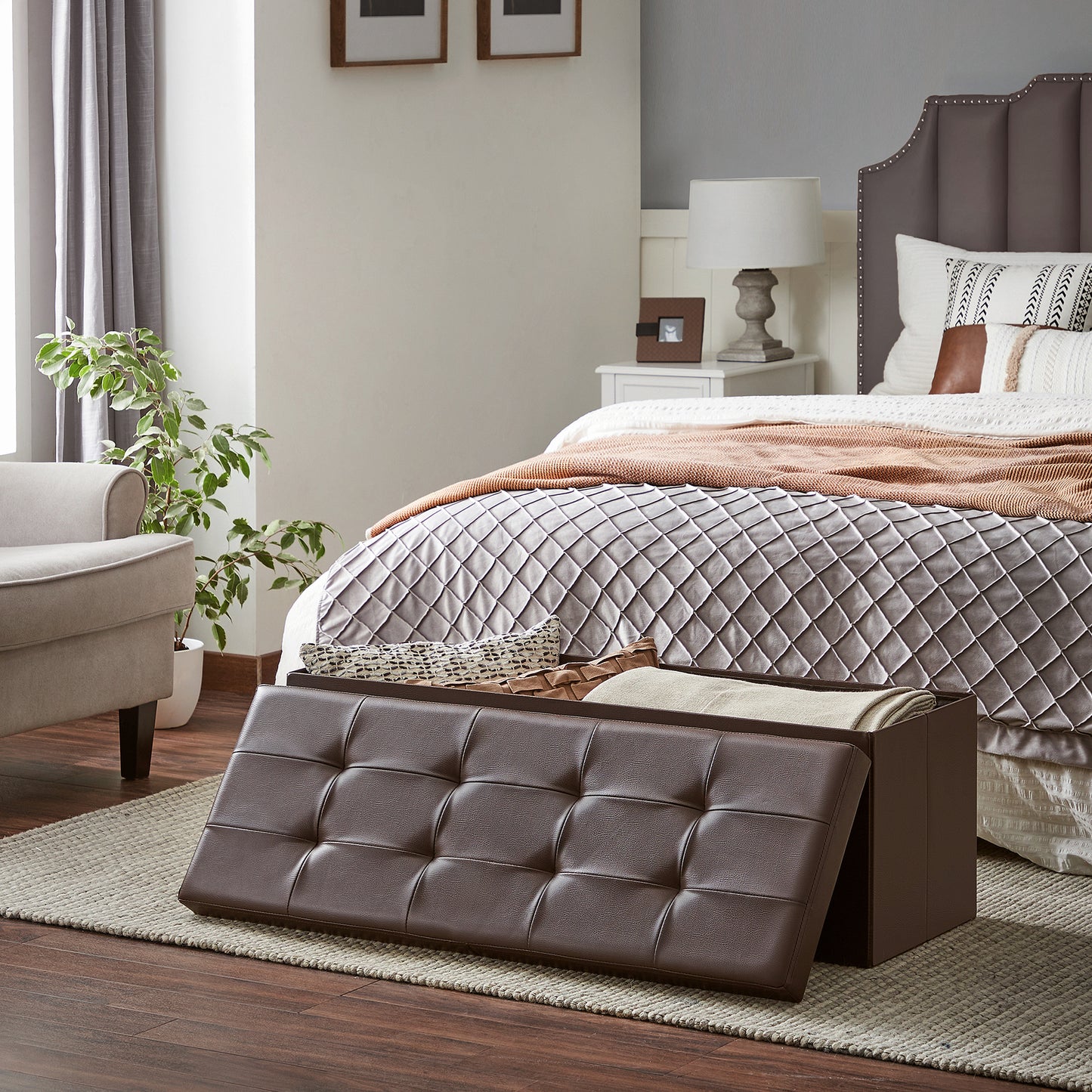 43 Inches Storage Ottoman Bench with Flipping Lid, Storage Chest with Iron Frame Support, Load 660 lb, for Living Room, Bedroom, Synthetic Leather, Brown