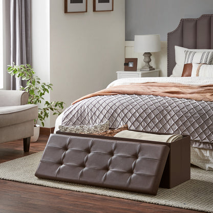 43 Inches Storage Ottoman Bench with Flipping Lid, Storage Chest with Iron Frame Support, Load 660 lb, for Living Room, Bedroom, Synthetic Leather, Brown