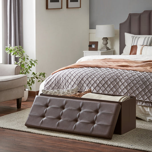 SONGMICS Folding Storage Ottoman, Storage Bench, Footrest Stool, 15 x 43 x 15 Inches, for Entryway, Living Room, Bedroom, Brown
