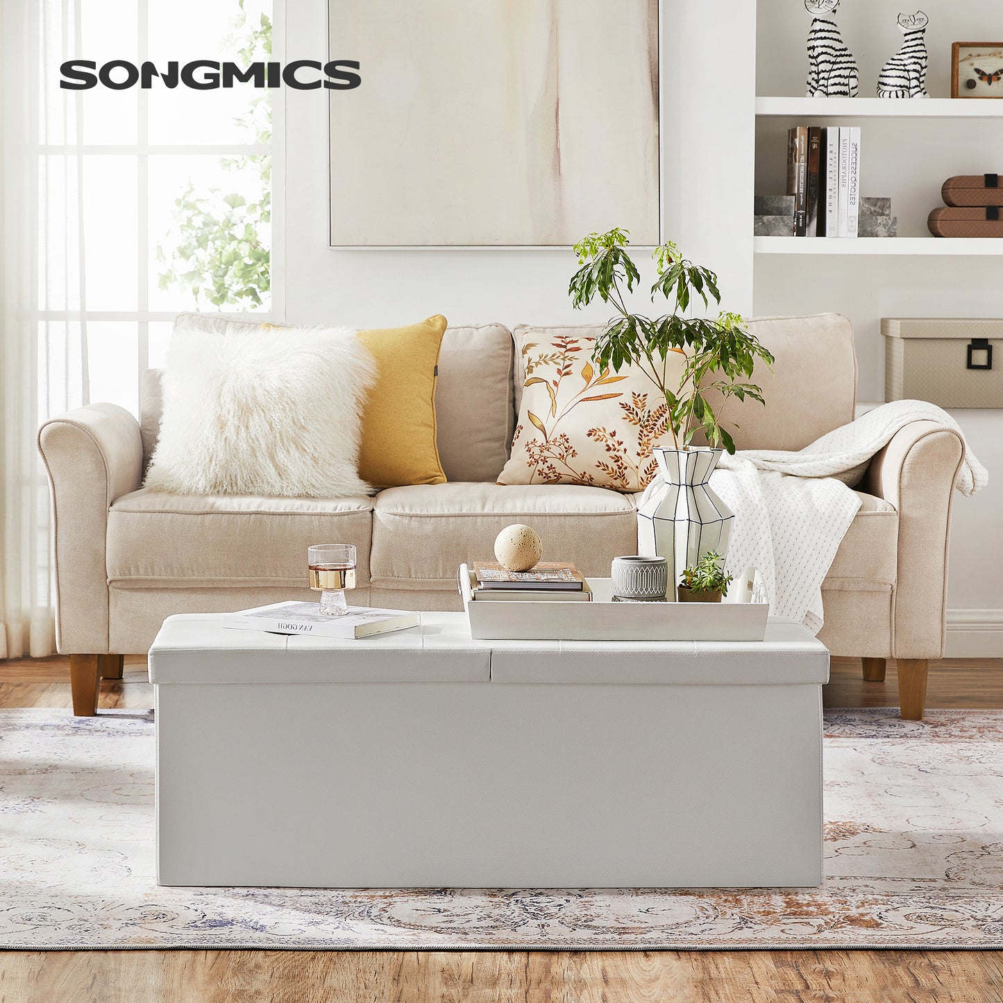 SONGMICS Folding Storage Ottoman, Storage Bench, Footrest Stool, 15 x 43 x 15 Inches, for Entryway, Living Room, Bedroom, White