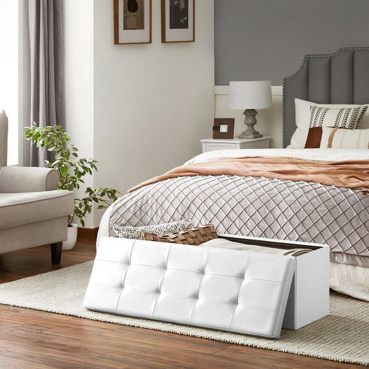 SONGMICS 43" Storage Ottoman Bench Folding Ottoman with Storage Chest Hold up to 660lb for Bedroom Living Room White