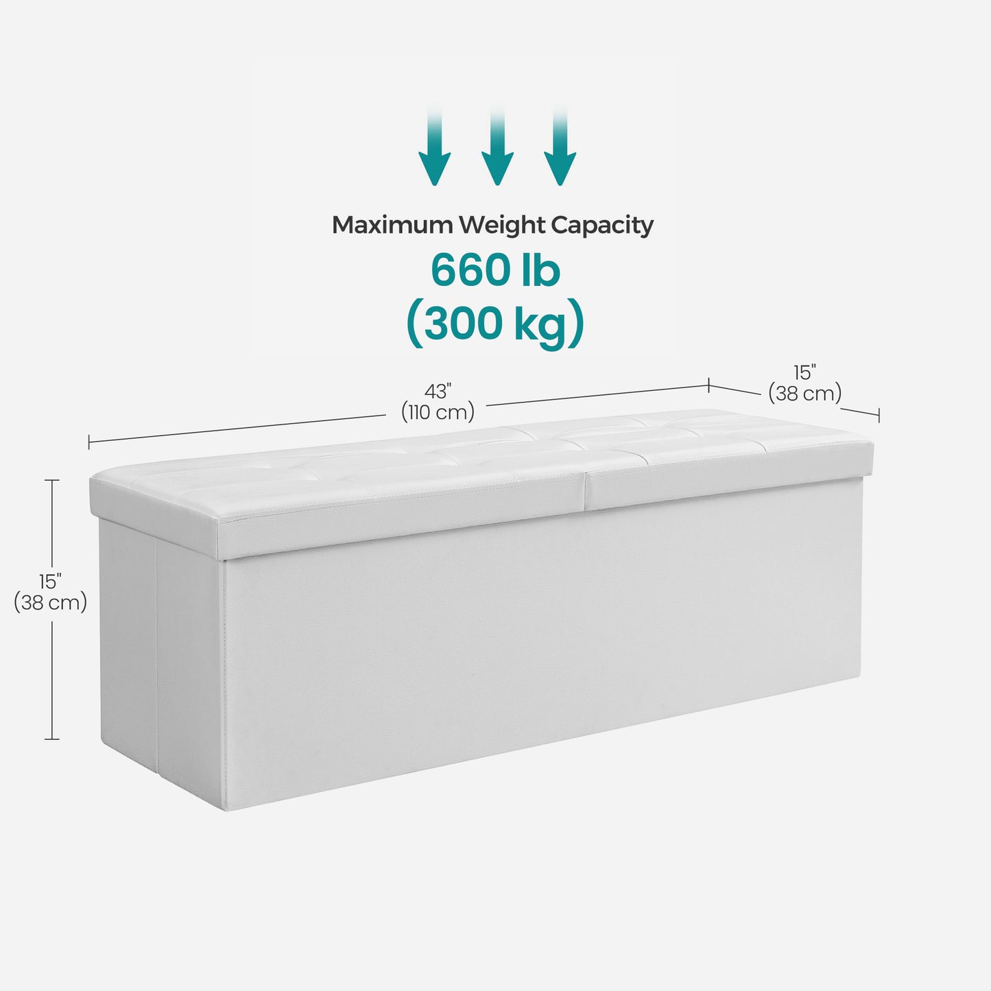 SONGMICS 43" Folding Storage Ottoman Bench Leather Ottoman Storage Footrest Hold up to 660lb White