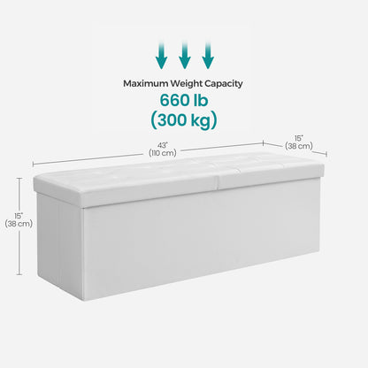 SONGMICS 43" Folding Storage Ottoman Bench Leather Ottoman Storage Footrest Hold up to 660lb White