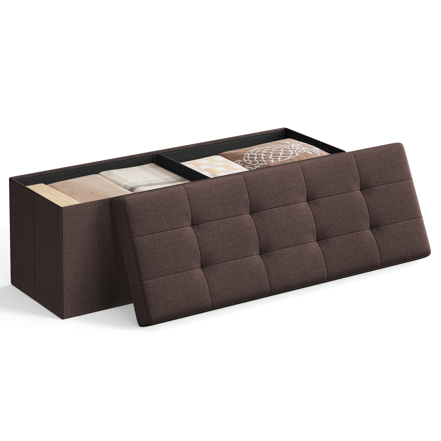 43 Inches Folding Storage Ottoman Bench, Ottoman Foot Rest, End of Bed Bench, Storage Chest, Load 660 lb, for Living Room, Bedroom, Entryway, Brown