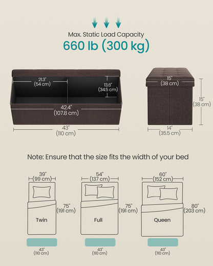 SONGMICS 43" Storage Ottoman Bench Hold up to 660lb Ottoman with Storage Brown