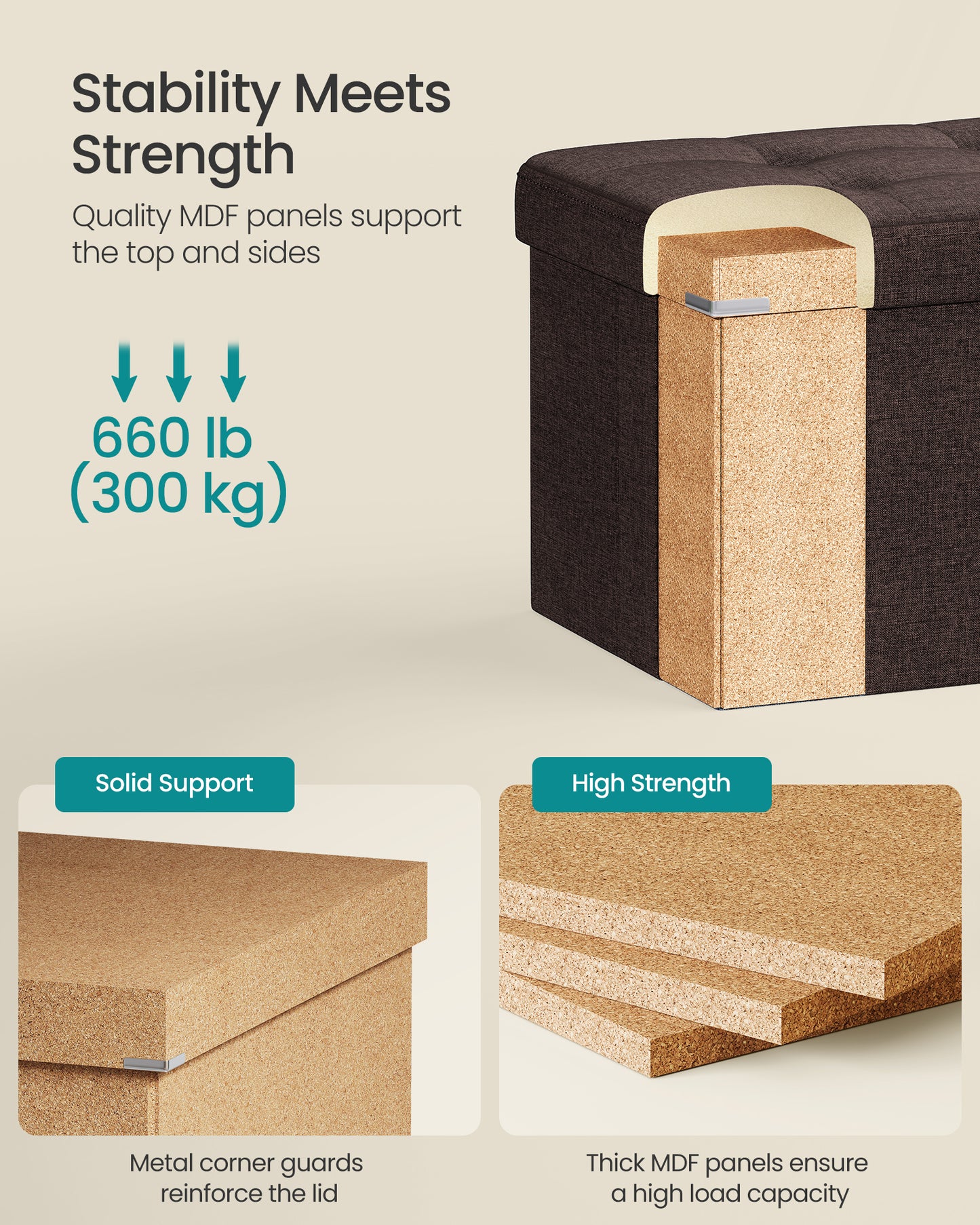 SONGMICS 43" Storage Ottoman Bench Hold up to 660lb Ottoman with Storage Brown