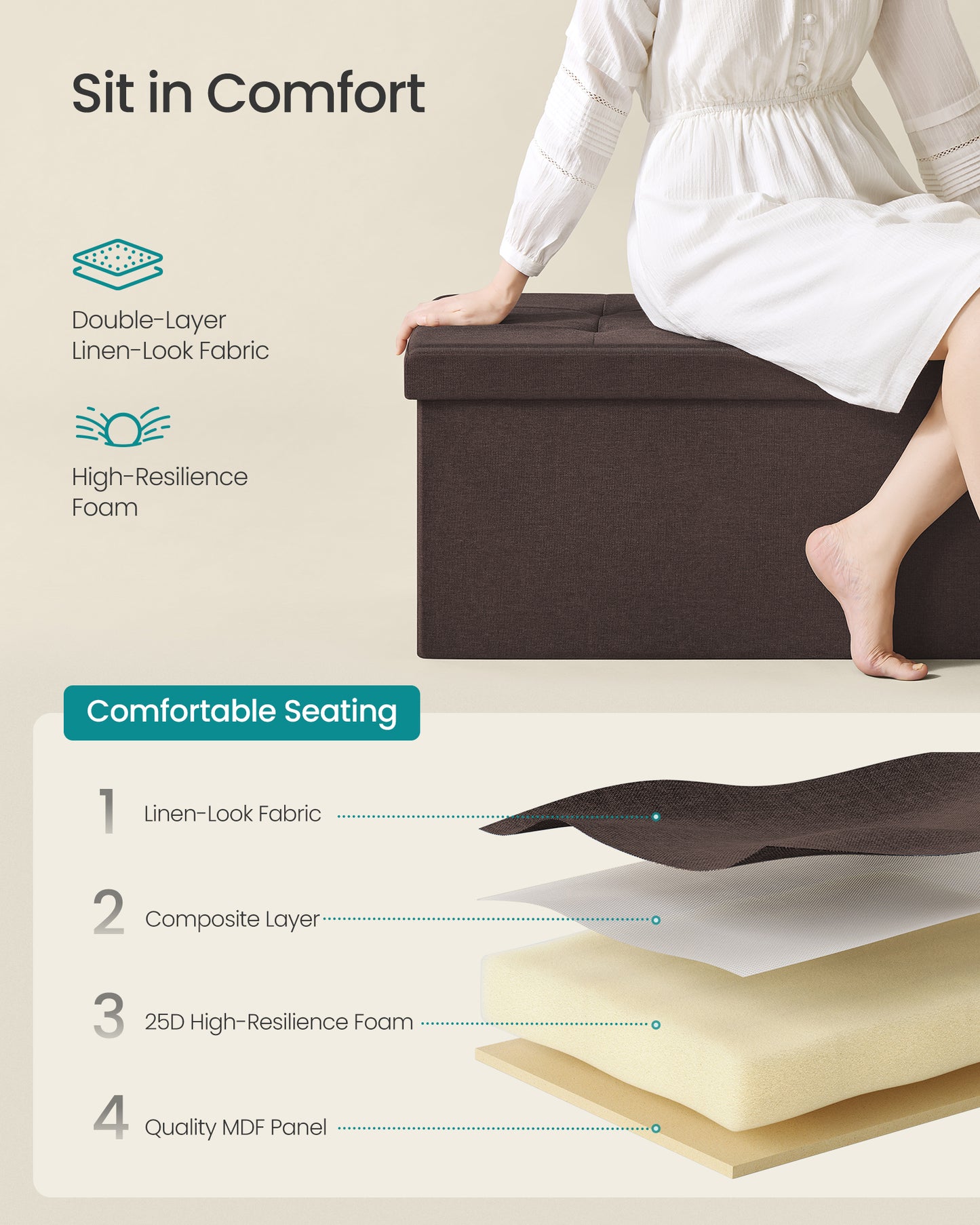 SONGMICS 43" Storage Ottoman Bench Hold up to 660lb Ottoman with Storage Brown